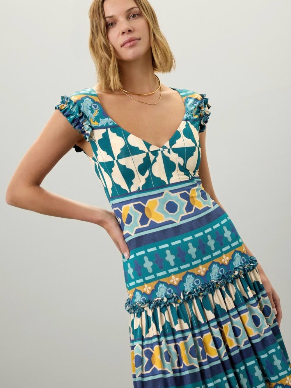 LA DoubleJ Teal, Blue & Yellow Patterned V-Neck Maxi Dress